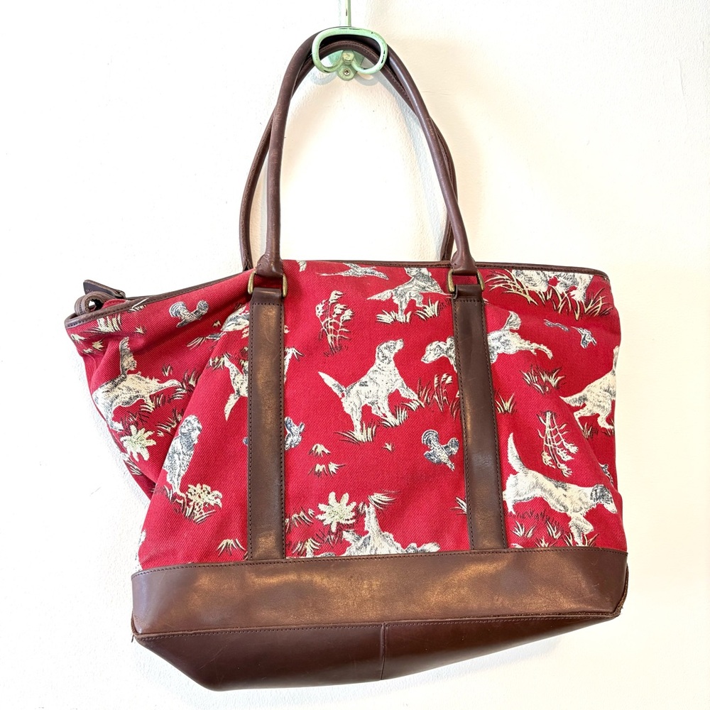 Vintage LL Bean red cotton canvas and leather hunting dog toile print tote bag - Picture 2 of 13